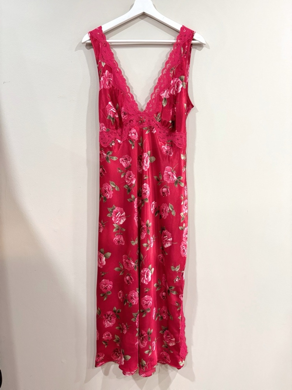 California Dynasty Nightgown Womens L Red Floral Lace Satin Slip Y2K Coquette